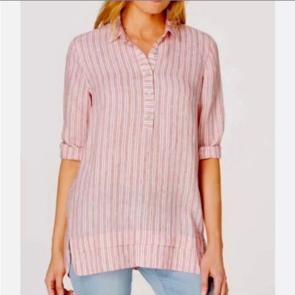 J. Jill Love Linen Stripe  3/4 Sleeve Popover Tunic Blouse Womens XL Tangerine